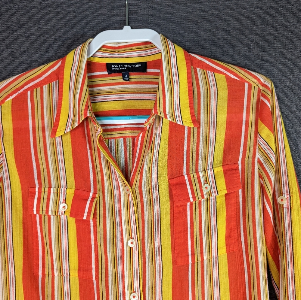 Orange Red Yellow Striped Blouse M Jones New York - Picture 7 of 16